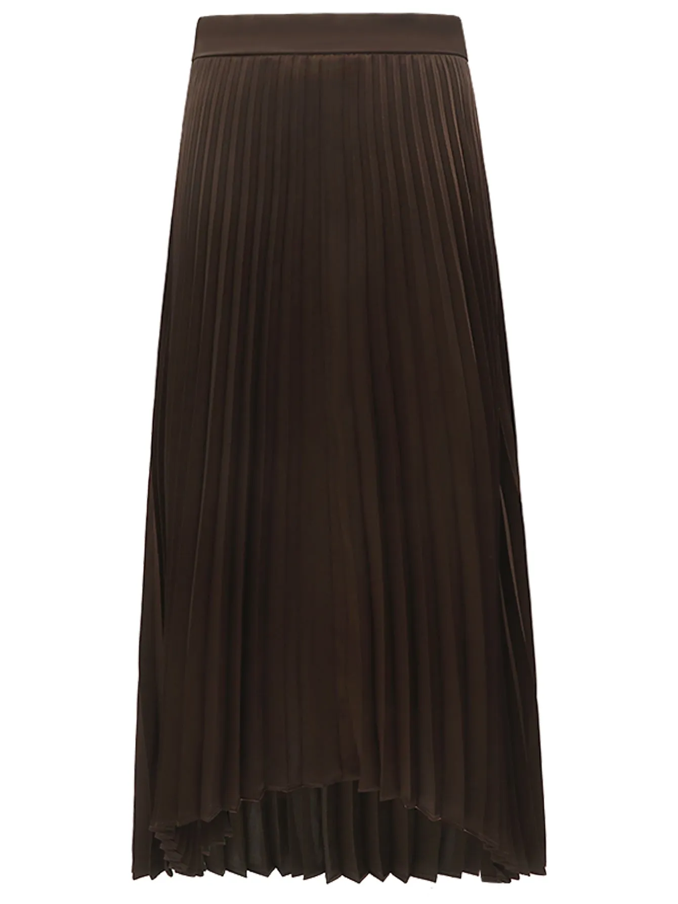 Chocolate Brown High-Low Asymmetric Pleated Midi Skirt