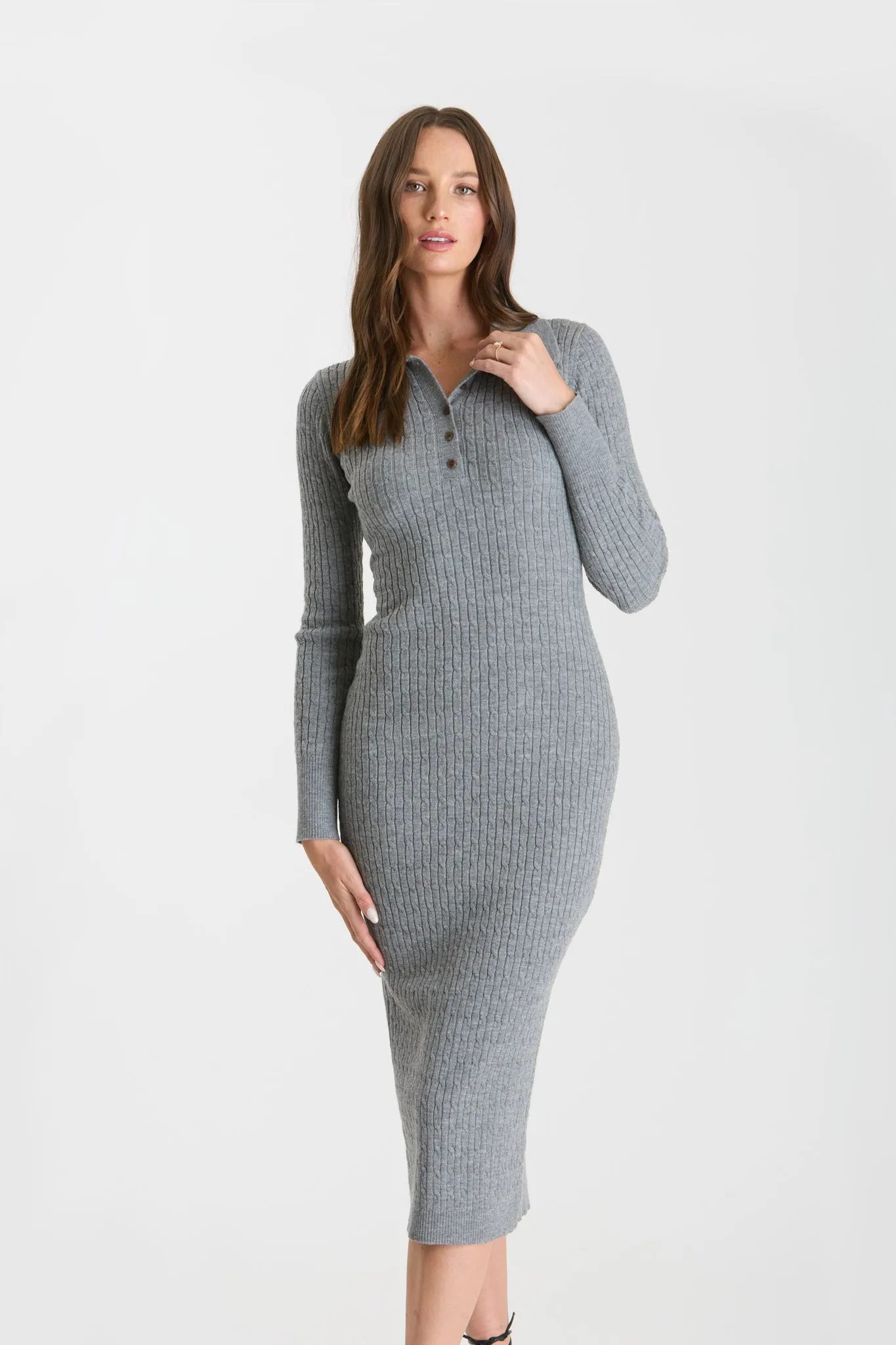 COLLARED LONG SLEEVE SWEATER MIDI DRESS