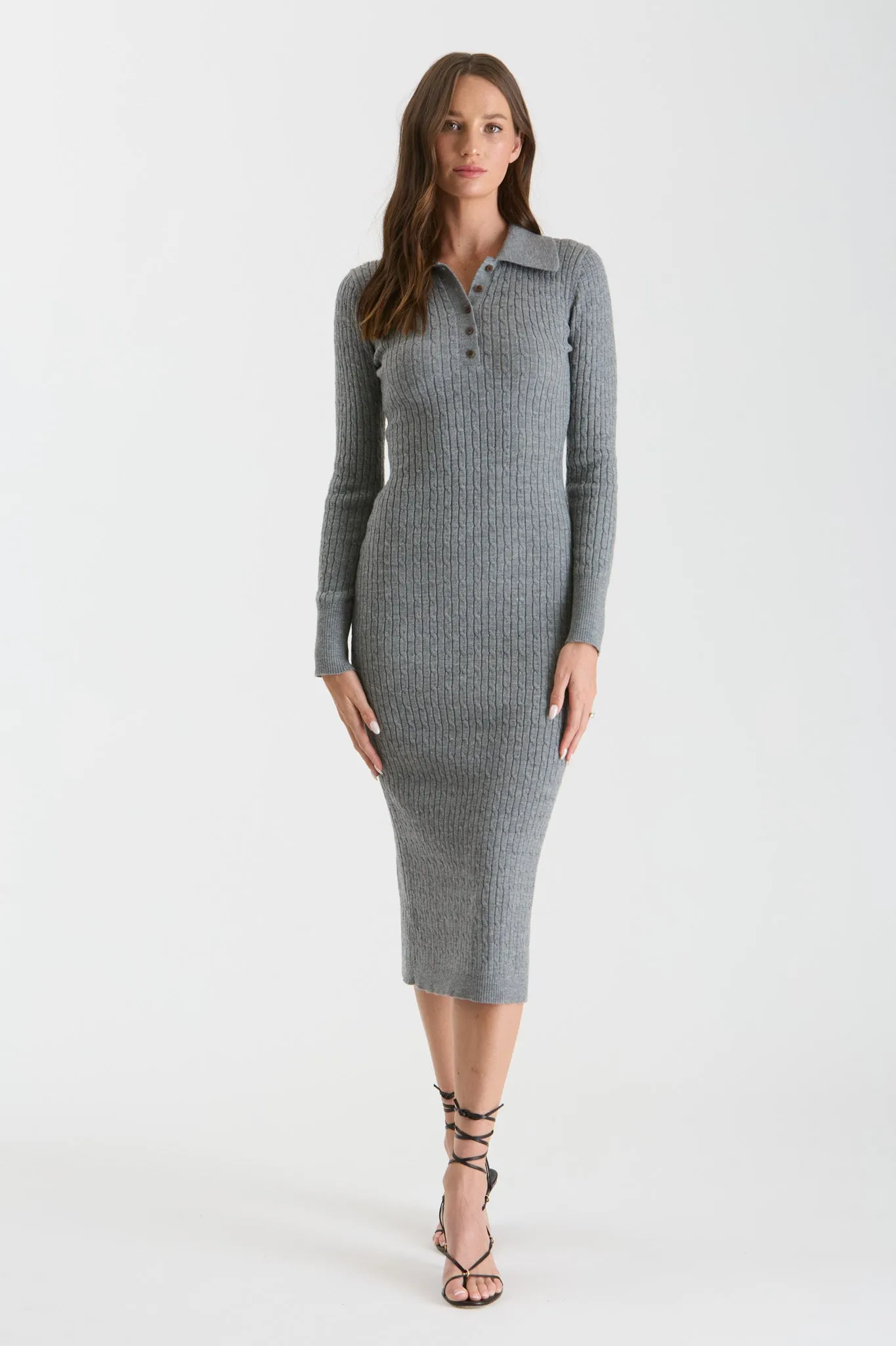 COLLARED LONG SLEEVE SWEATER MIDI DRESS