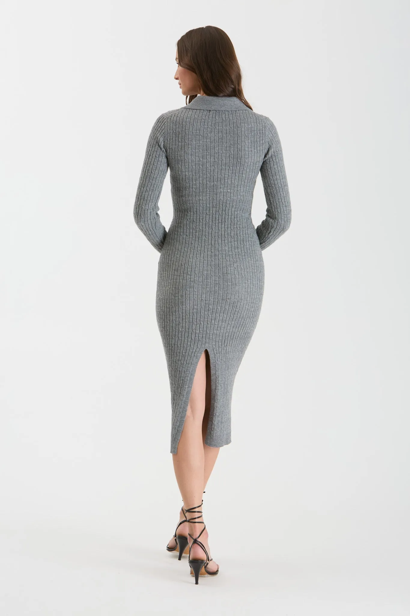 COLLARED LONG SLEEVE SWEATER MIDI DRESS