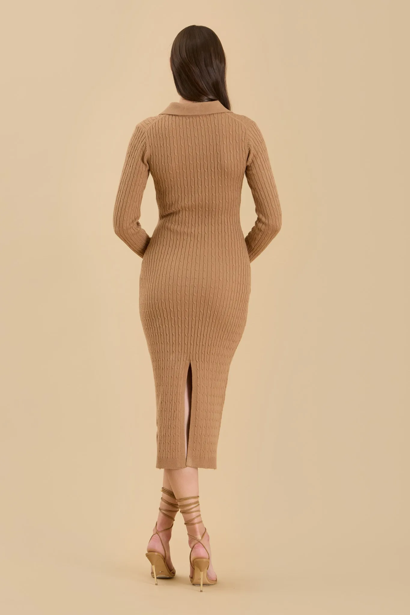 COLLARED LONG SLEEVE SWEATER MIDI DRESS