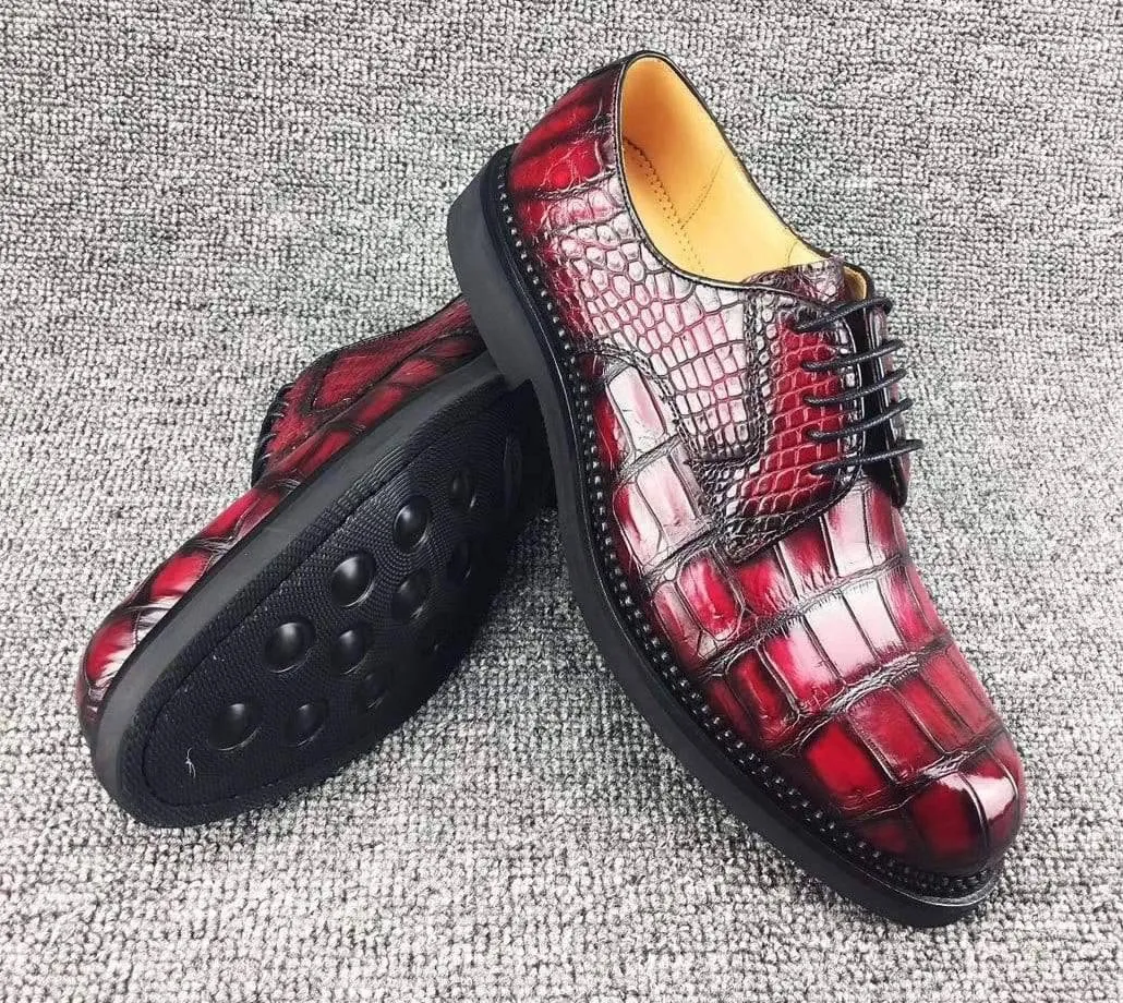 Crocodile Shoes Mens Classic Formal Footwear Man Fashion Style Genuine Crocodile Leather Derby Lace-Up Dress Shoes Vintage Red