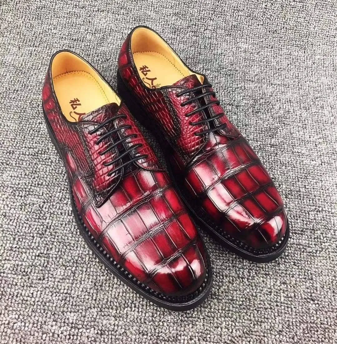 Crocodile Shoes Mens Classic Formal Footwear Man Fashion Style Genuine Crocodile Leather Derby Lace-Up Dress Shoes Vintage Red