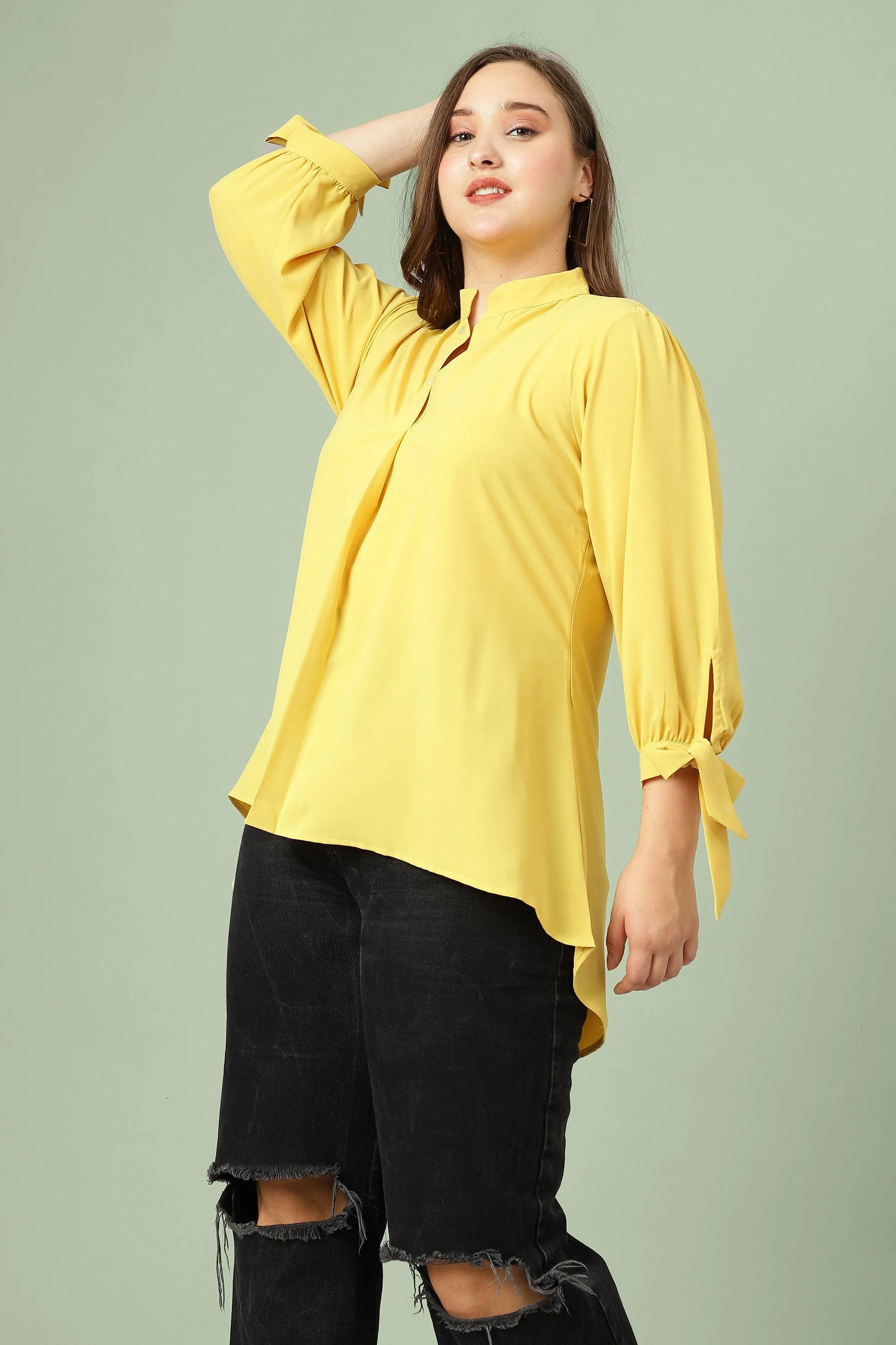 Curvy Lane Women Plus Size High Low Top with Tie Up Long Sleeves