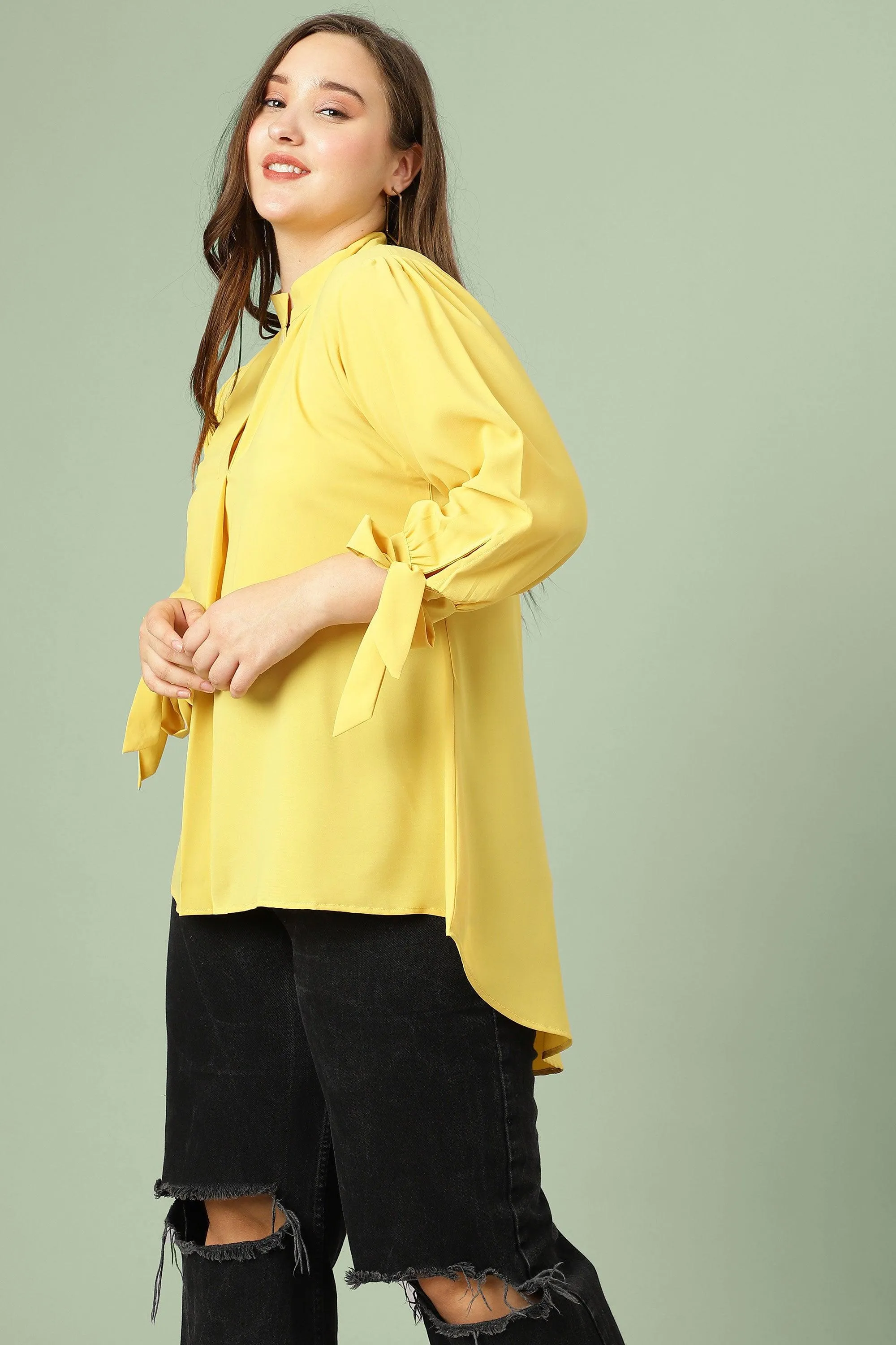 Curvy Lane Women Plus Size High Low Top with Tie Up Long Sleeves