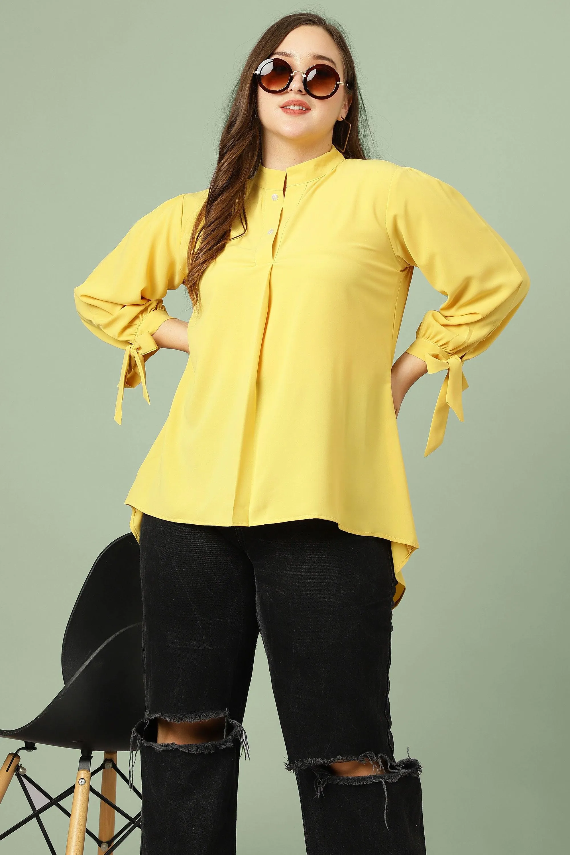 Curvy Lane Women Plus Size High Low Top with Tie Up Long Sleeves