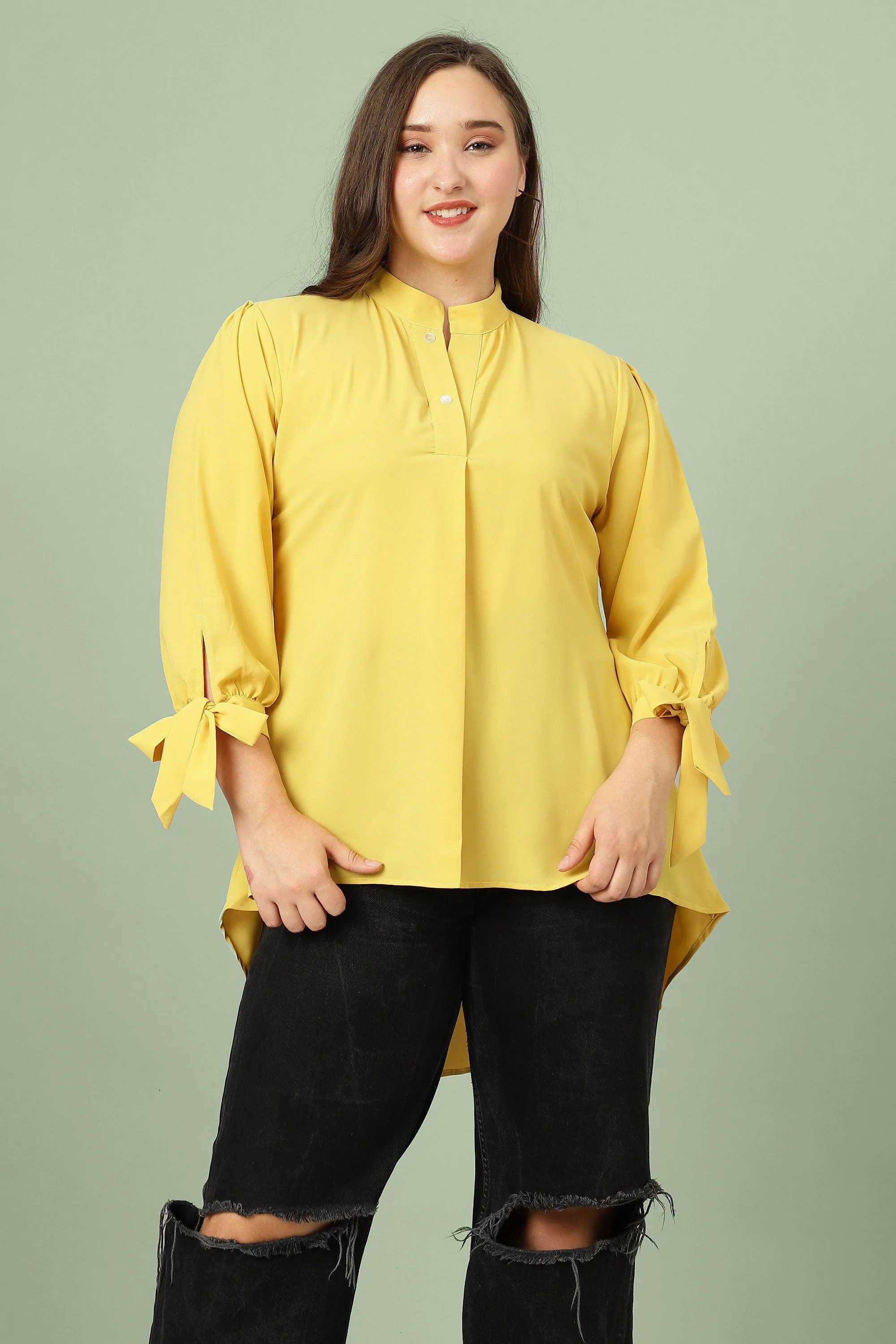 Curvy Lane Women Plus Size High Low Top with Tie Up Long Sleeves