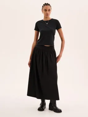 Darcie Drop Waist Full Midi Skirt in Black