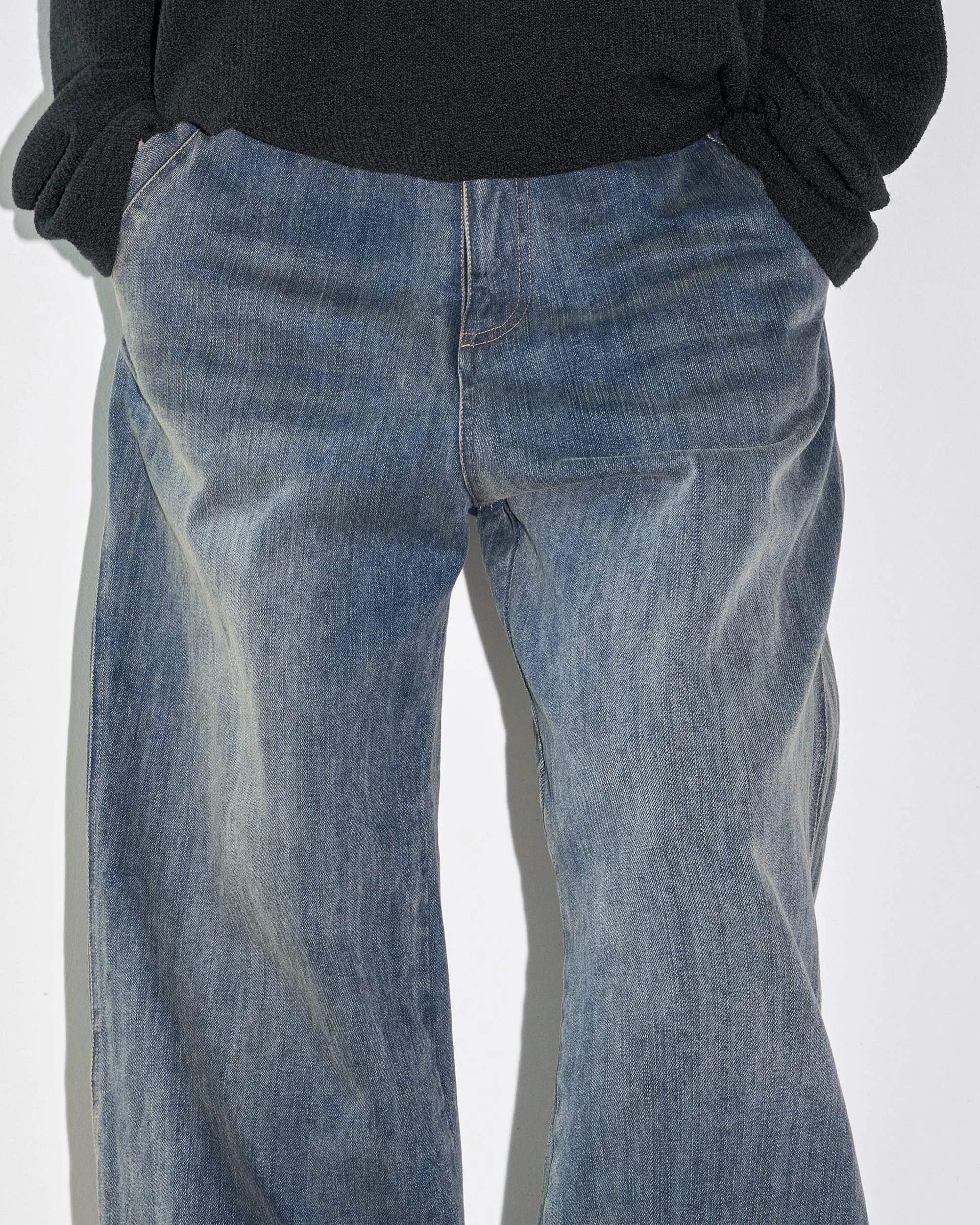 Deconstructed Washed Wide Leg Denim Jeans