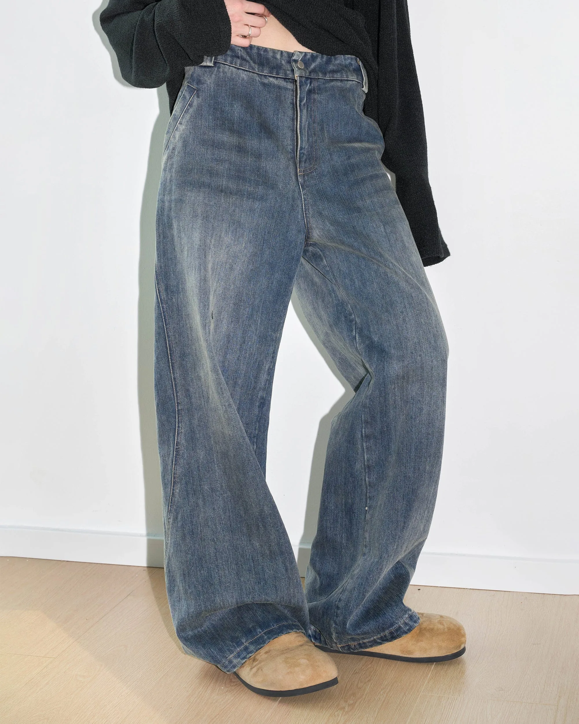 Deconstructed Washed Wide Leg Denim Jeans