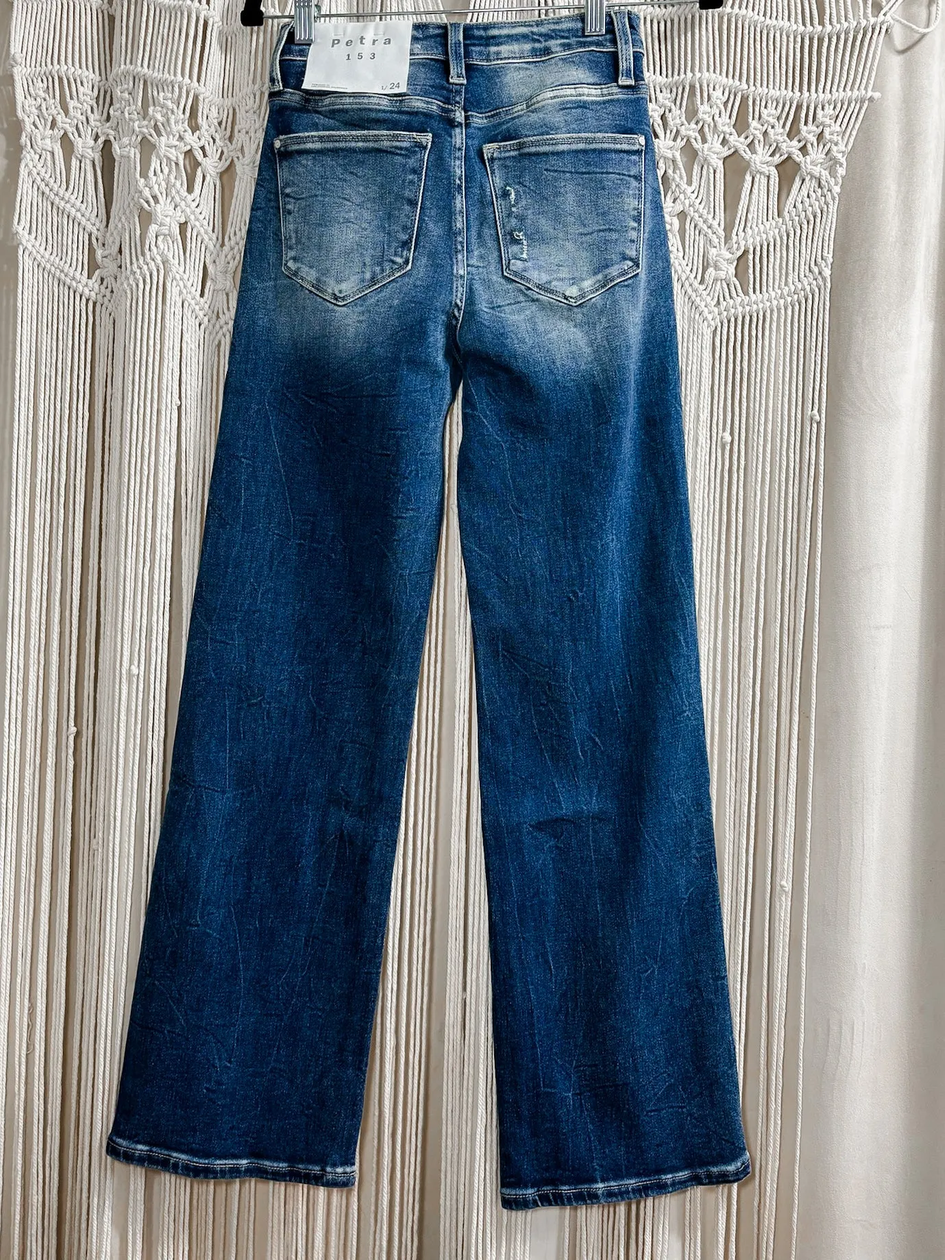 Destroyed high rise straight leg jeans