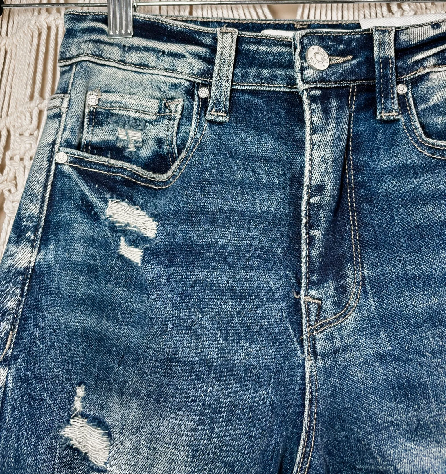 Destroyed high rise straight leg jeans