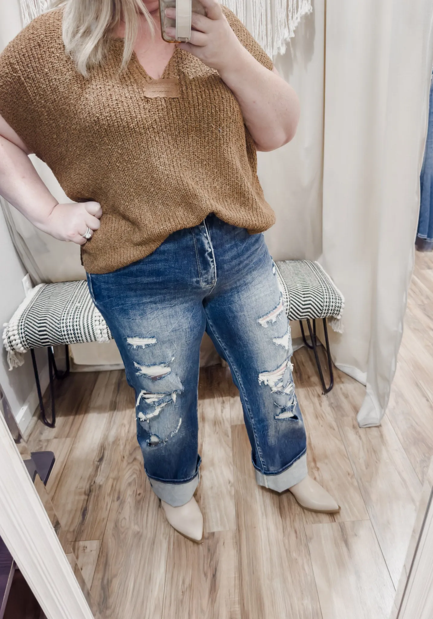 Destroyed high rise straight leg jeans