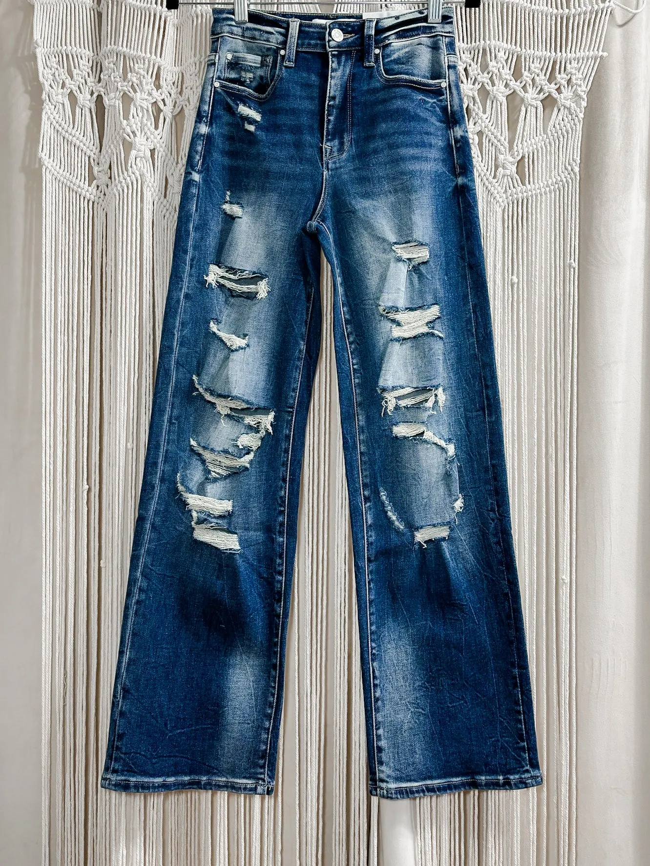 Destroyed high rise straight leg jeans