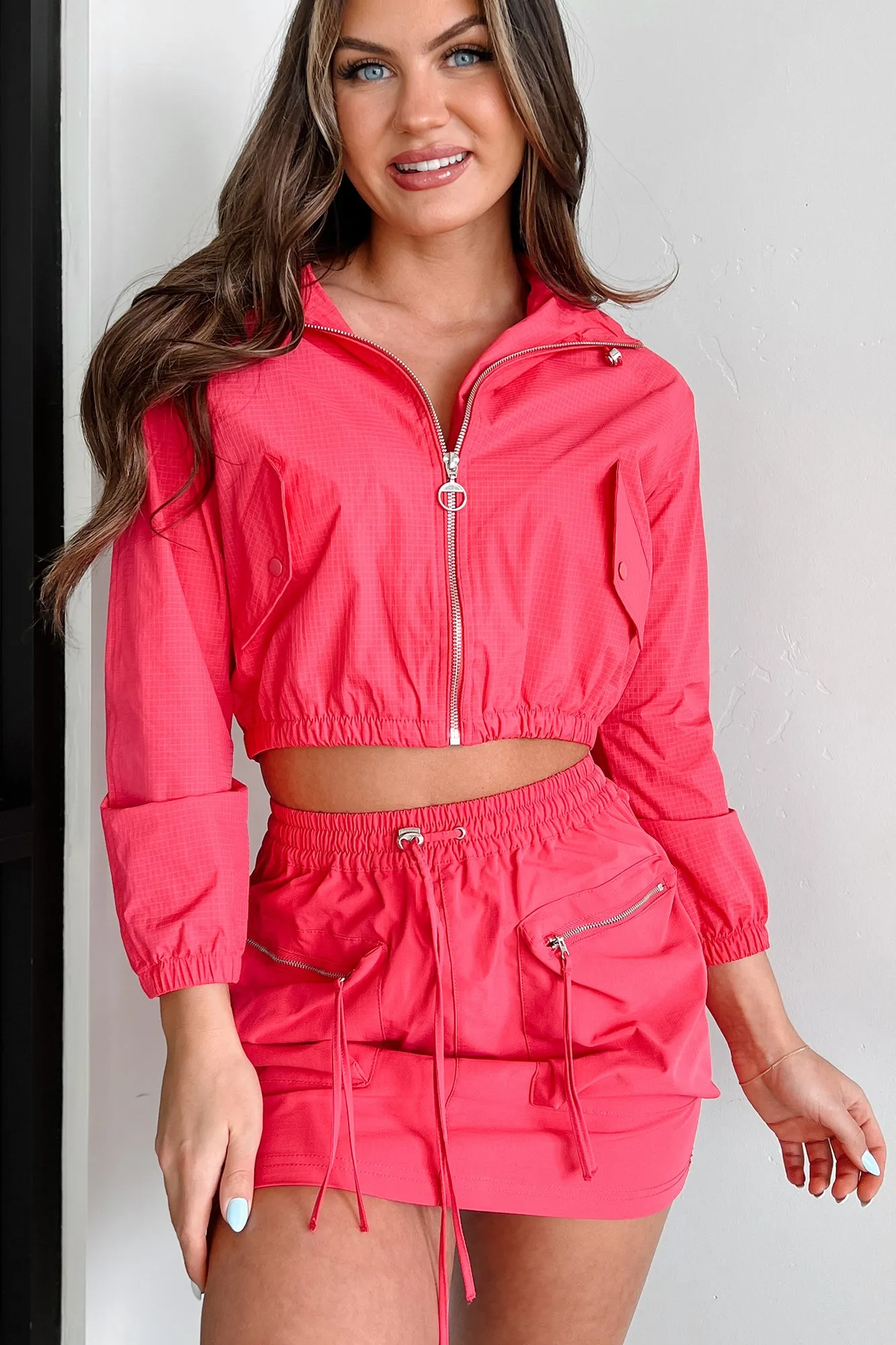 Early Start Crop Jacket & Mini Skirt Set (Fuchsia)