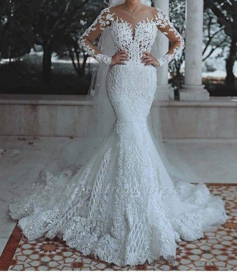 Elegant  Lace  Mermaid Wedding Dress With long Sleeves