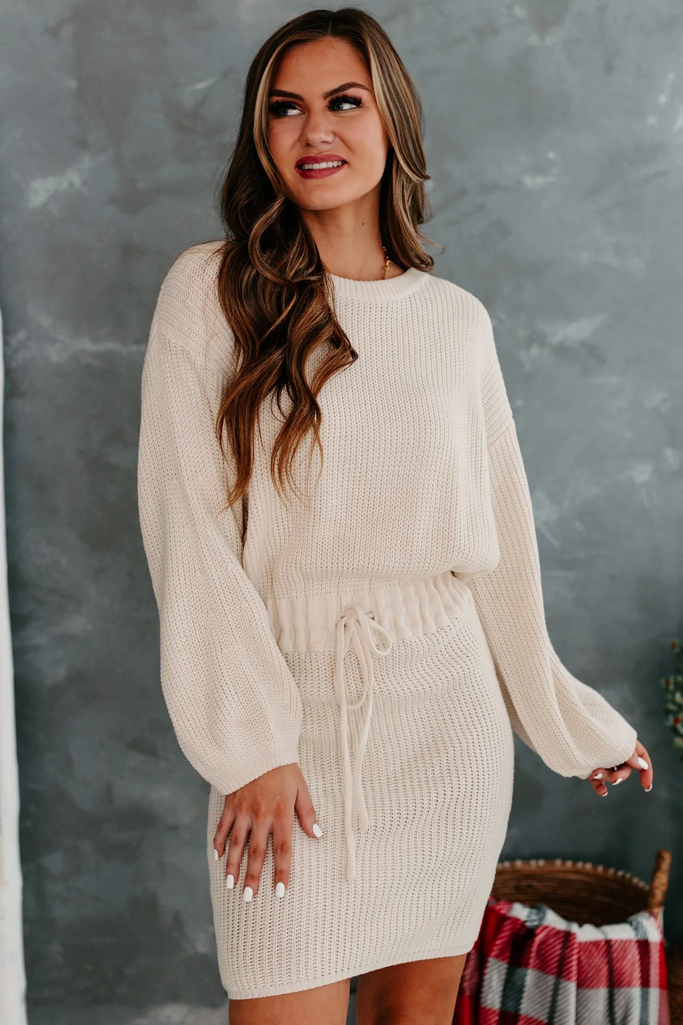 Enhanced Beauty Drawstring Waist Sweater Dress (Cream)