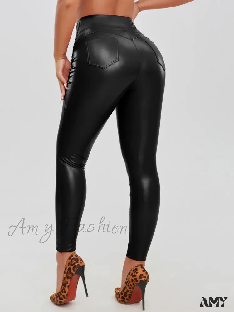 Fashion Faux Leather Skinny PU Leather High Waist Sexy Stretchy Warm Trousers Female Leggings