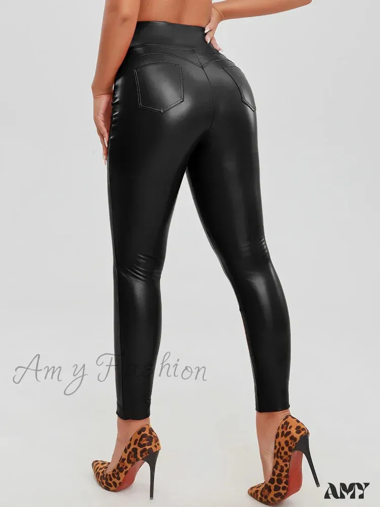 Fashion Faux Leather Skinny PU Leather High Waist Sexy Stretchy Warm Trousers Female Leggings