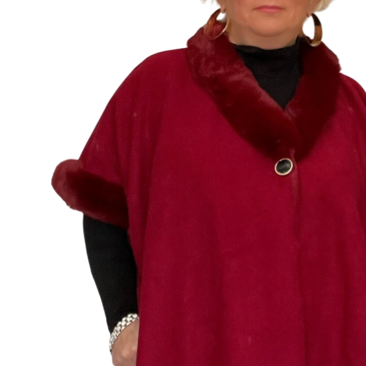 FAUX WOOL FLEECE PONCHO / CAPE WITH FAUX FUR COLLAR