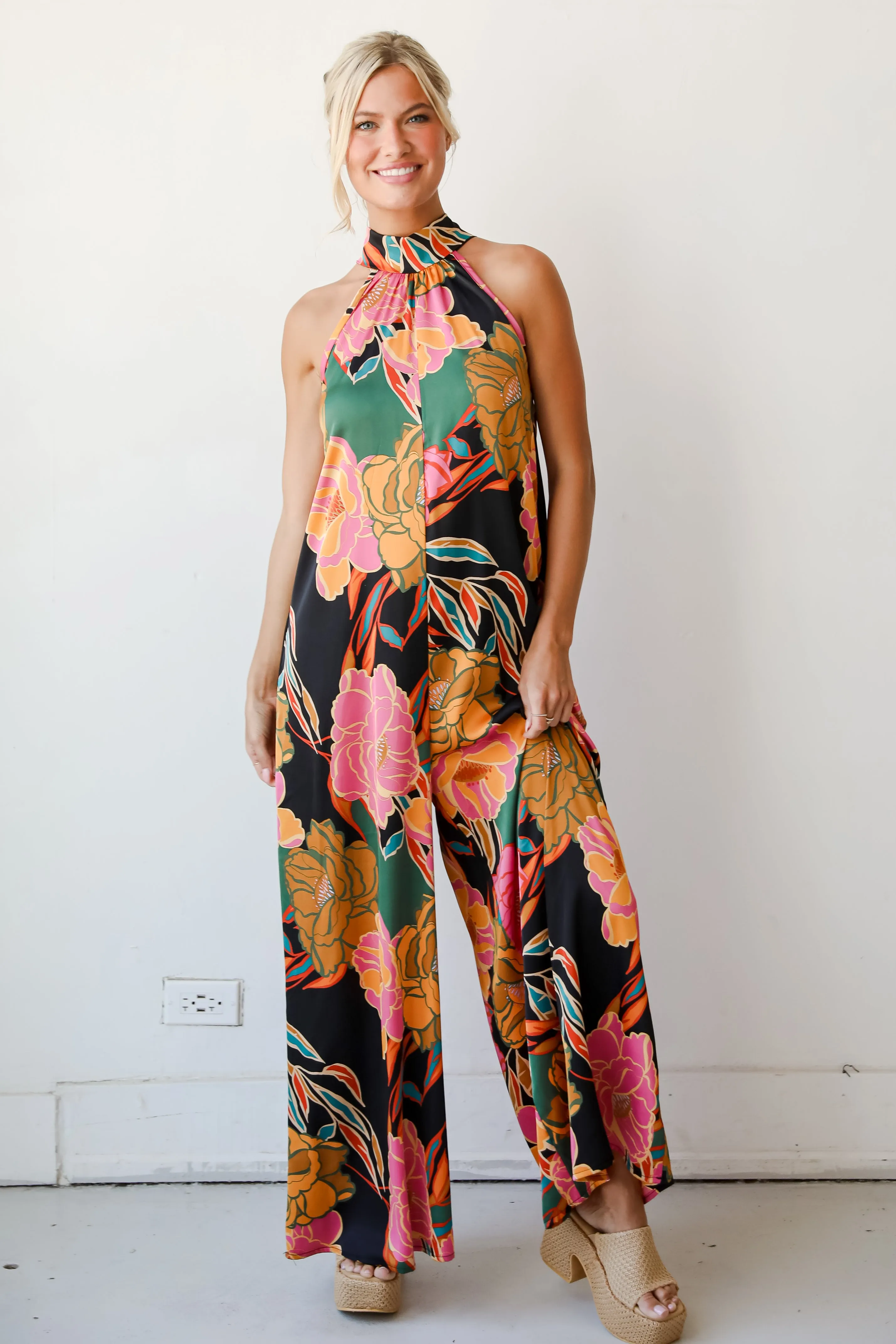 FINAL SALE - State Of Chic Black Satin Floral Jumpsuit