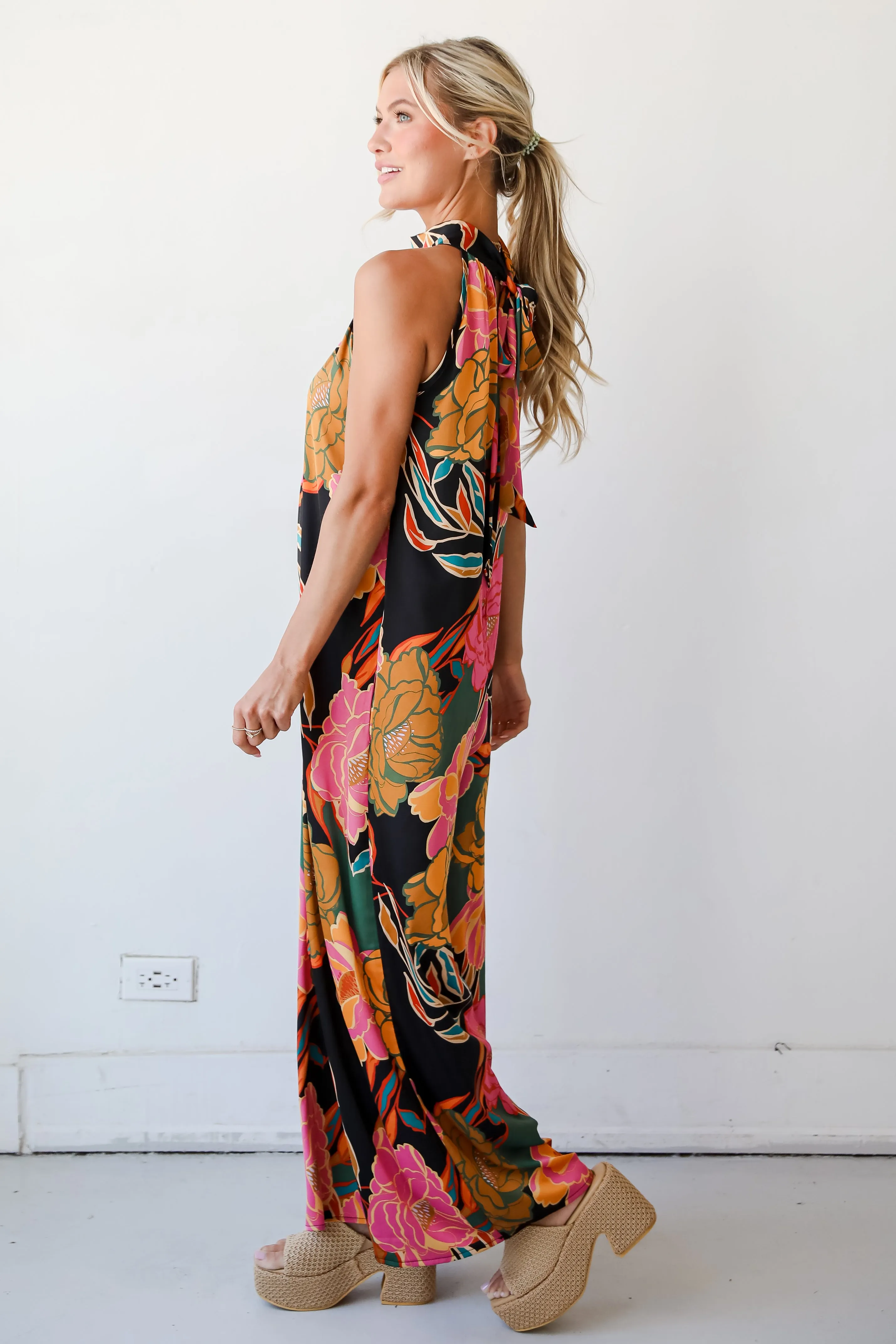 FINAL SALE - State Of Chic Black Satin Floral Jumpsuit