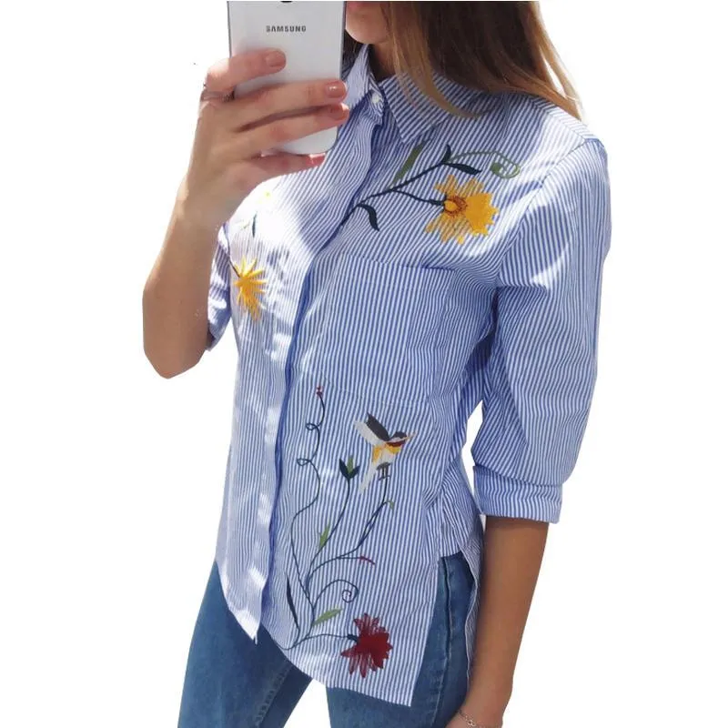 Floral Embroidery Striped Long Sleeve Blouse