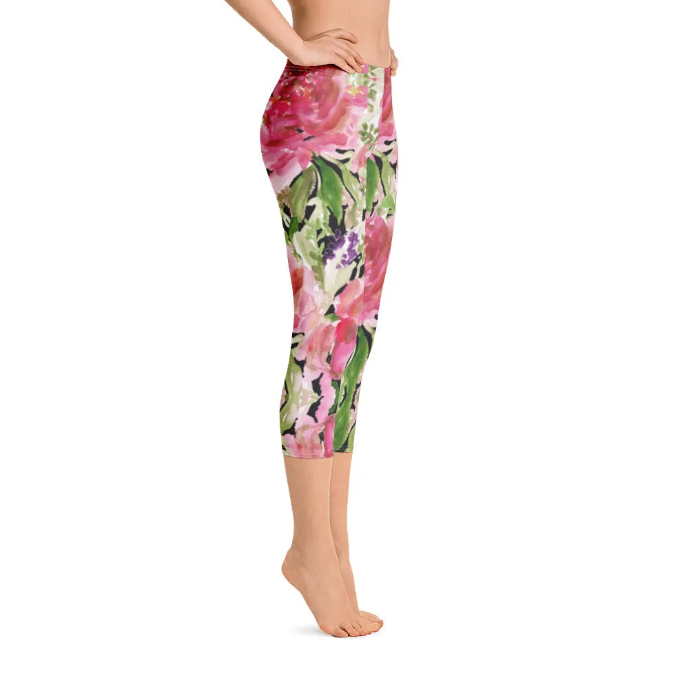 Flower Rose Casual Capri Leggings, Pink Floral Casual Tights Floral Designer Casual 38–40 UPF Capri Leggings Activewear Outfit - Made in USA/EU/MX (US Size: XS-XL)