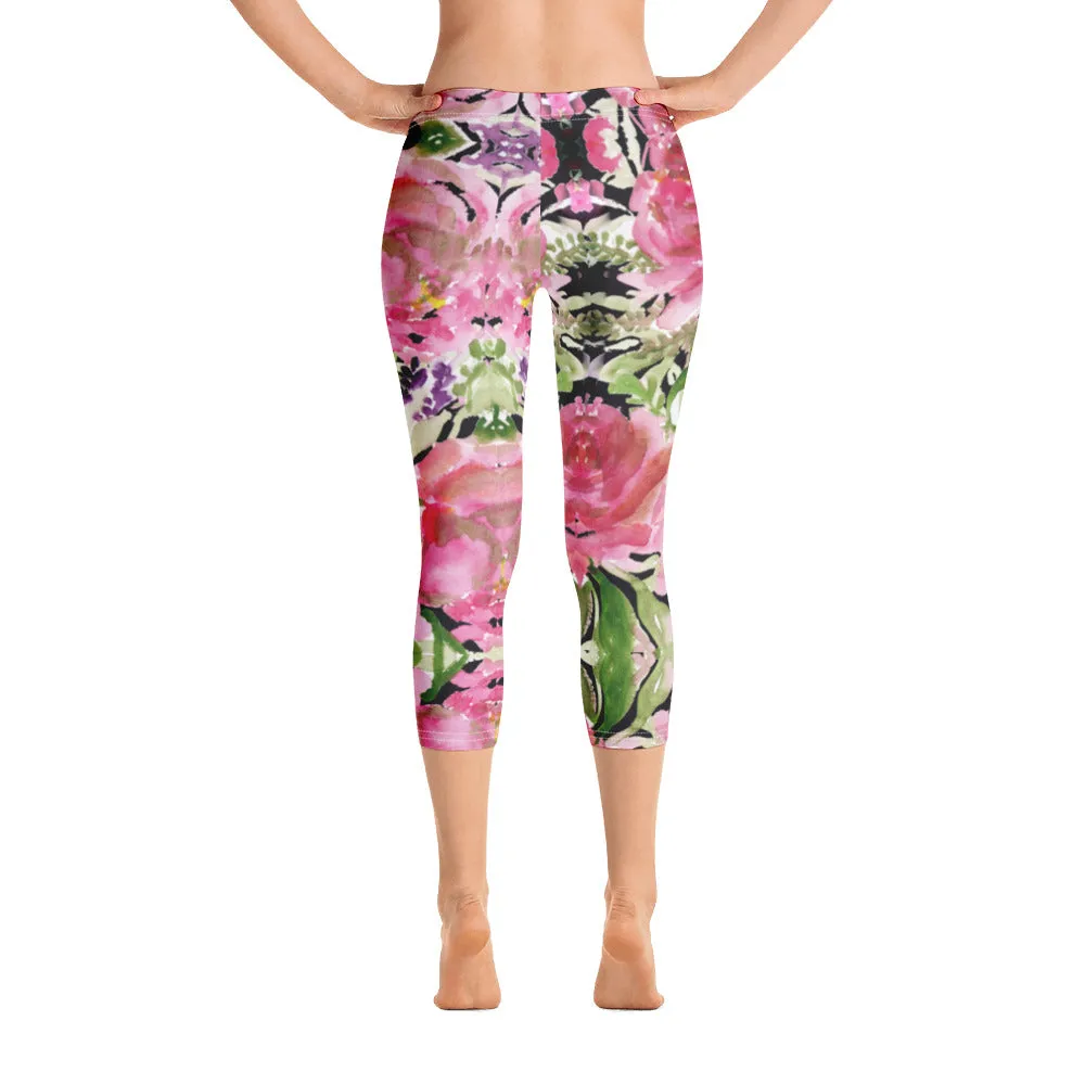 Flower Rose Casual Capri Leggings, Pink Floral Casual Tights Floral Designer Casual 38–40 UPF Capri Leggings Activewear Outfit - Made in USA/EU/MX (US Size: XS-XL)