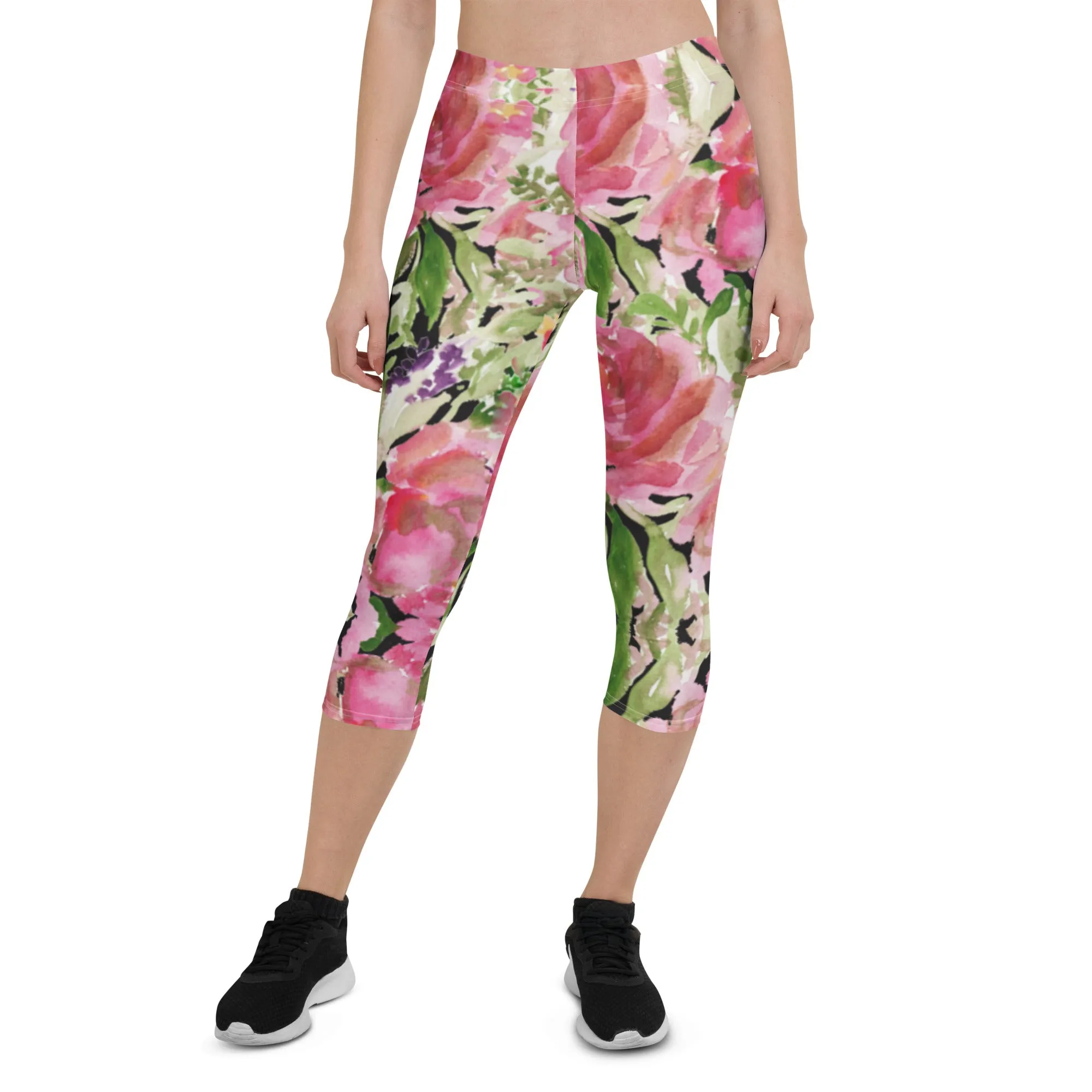 Flower Rose Casual Capri Leggings, Pink Floral Casual Tights Floral Designer Casual 38–40 UPF Capri Leggings Activewear Outfit - Made in USA/EU/MX (US Size: XS-XL)