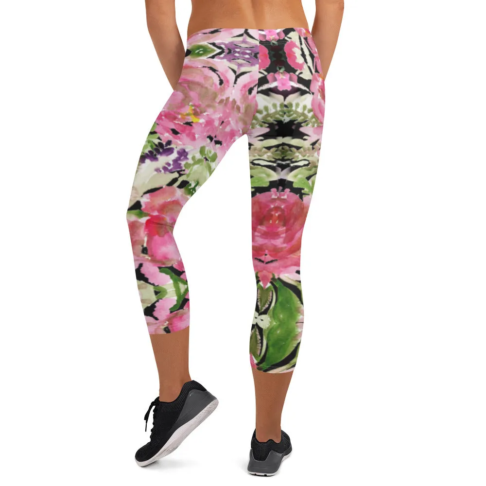 Flower Rose Casual Capri Leggings, Pink Floral Casual Tights Floral Designer Casual 38–40 UPF Capri Leggings Activewear Outfit - Made in USA/EU/MX (US Size: XS-XL)