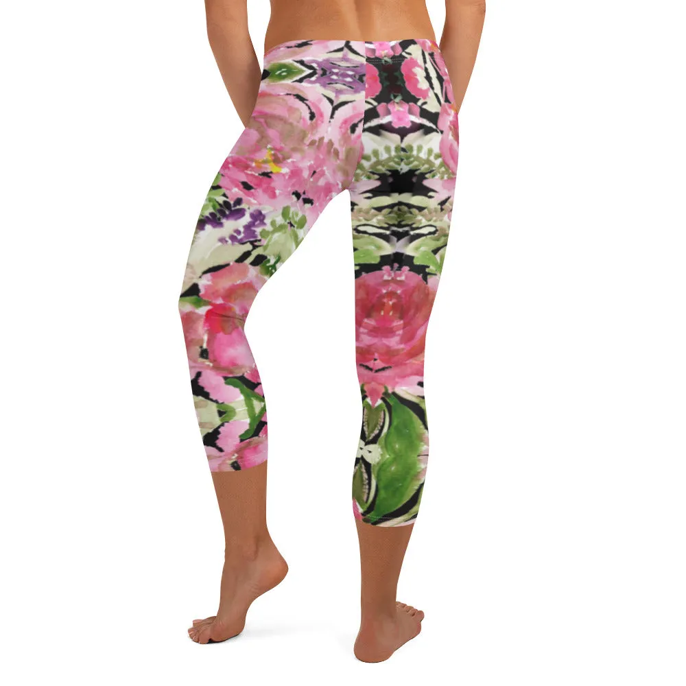 Flower Rose Casual Capri Leggings, Pink Floral Casual Tights Floral Designer Casual 38–40 UPF Capri Leggings Activewear Outfit - Made in USA/EU/MX (US Size: XS-XL)