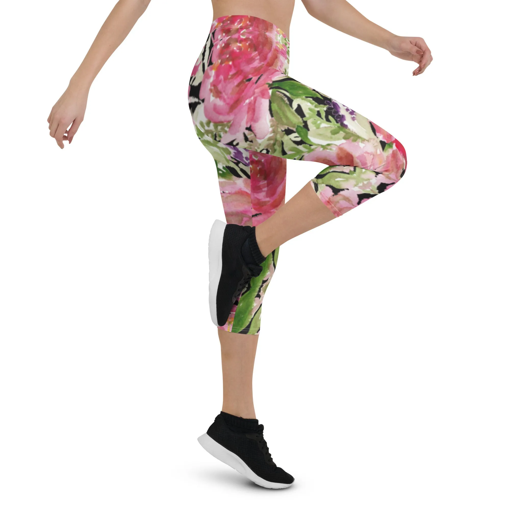 Flower Rose Casual Capri Leggings, Pink Floral Casual Tights Floral Designer Casual 38–40 UPF Capri Leggings Activewear Outfit - Made in USA/EU/MX (US Size: XS-XL)