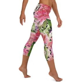 Flower Rose Casual Capri Leggings, Pink Floral Casual Tights Floral Designer Casual 38–40 UPF Capri Leggings Activewear Outfit - Made in USA/EU/MX (US Size: XS-XL)