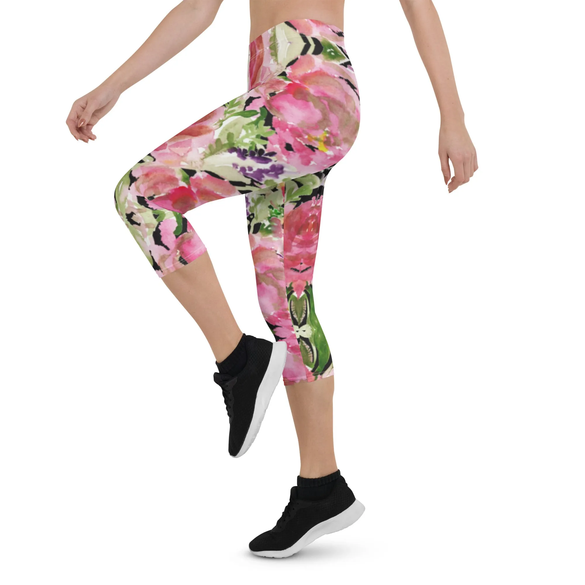 Flower Rose Casual Capri Leggings, Pink Floral Casual Tights Floral Designer Casual 38–40 UPF Capri Leggings Activewear Outfit - Made in USA/EU/MX (US Size: XS-XL)