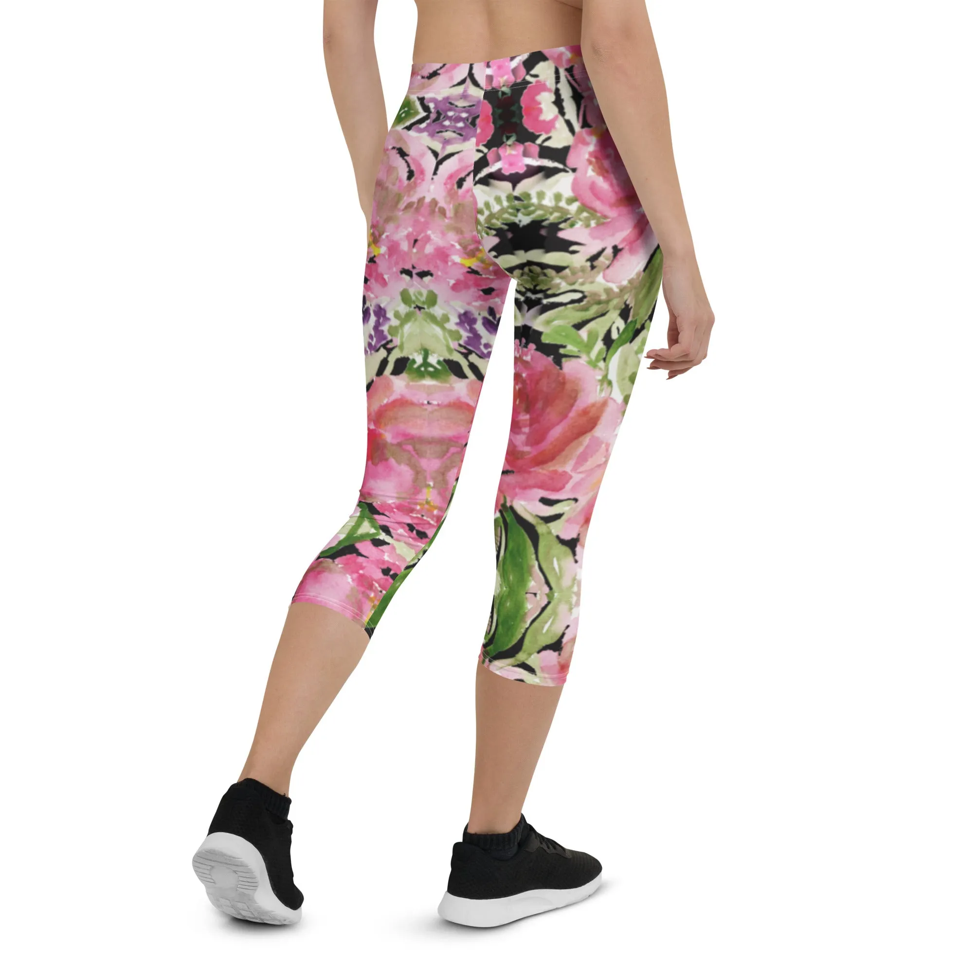 Flower Rose Casual Capri Leggings, Pink Floral Casual Tights Floral Designer Casual 38–40 UPF Capri Leggings Activewear Outfit - Made in USA/EU/MX (US Size: XS-XL)