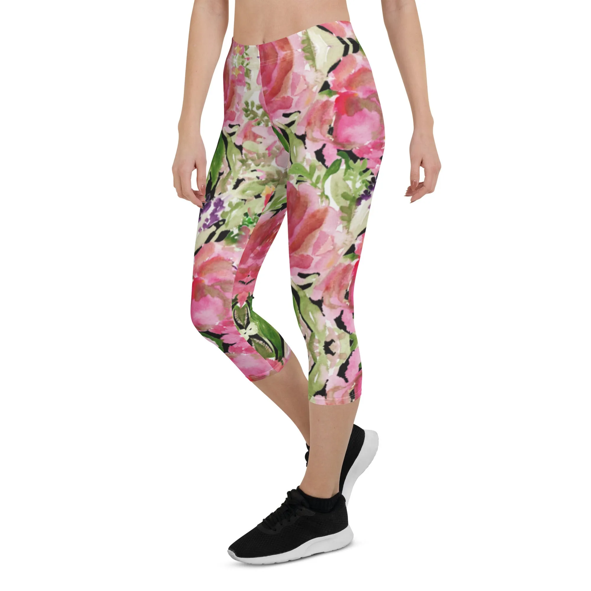 Flower Rose Casual Capri Leggings, Pink Floral Casual Tights Floral Designer Casual 38–40 UPF Capri Leggings Activewear Outfit - Made in USA/EU/MX (US Size: XS-XL)