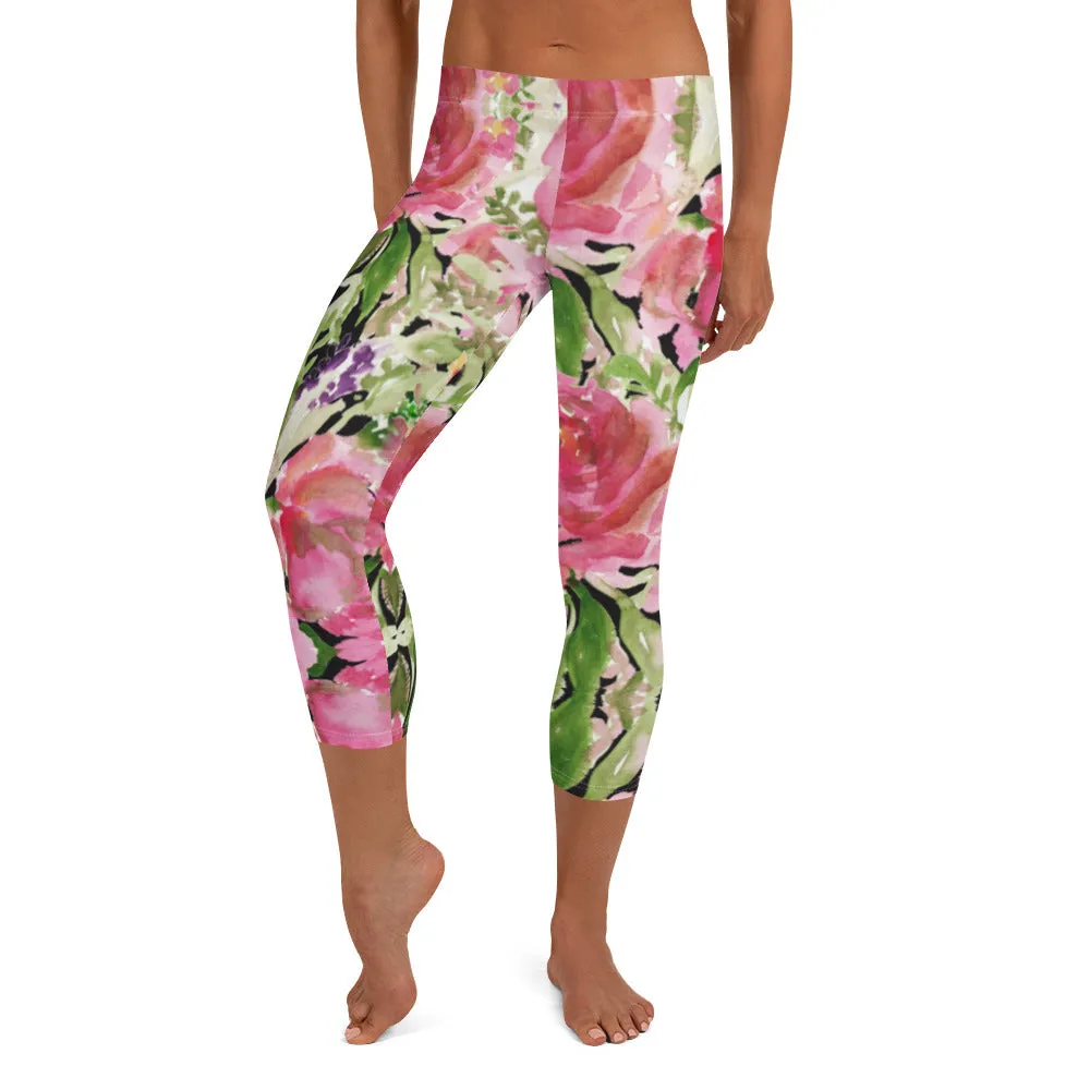 Flower Rose Casual Capri Leggings, Pink Floral Casual Tights Floral Designer Casual 38–40 UPF Capri Leggings Activewear Outfit - Made in USA/EU/MX (US Size: XS-XL)