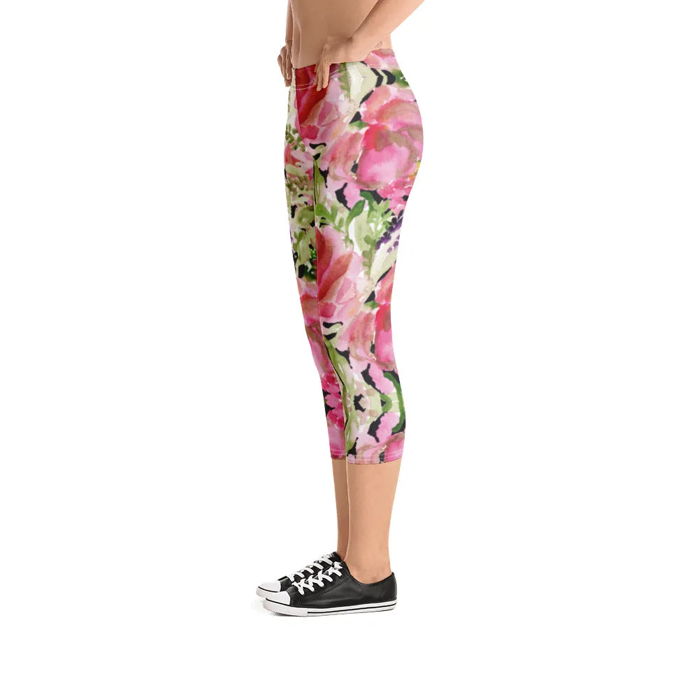 Flower Rose Casual Capri Leggings, Pink Floral Casual Tights Floral Designer Casual 38–40 UPF Capri Leggings Activewear Outfit - Made in USA/EU/MX (US Size: XS-XL)