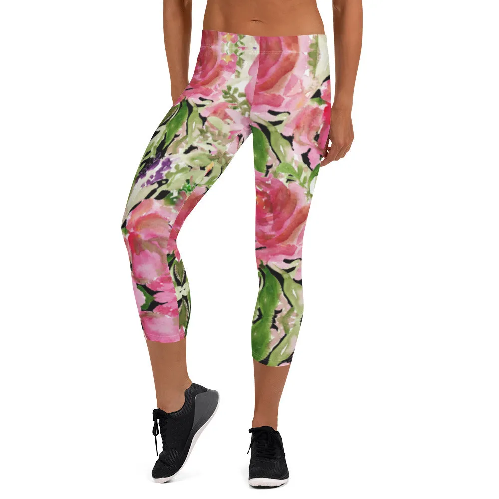 Flower Rose Casual Capri Leggings, Pink Floral Casual Tights Floral Designer Casual 38–40 UPF Capri Leggings Activewear Outfit - Made in USA/EU/MX (US Size: XS-XL)