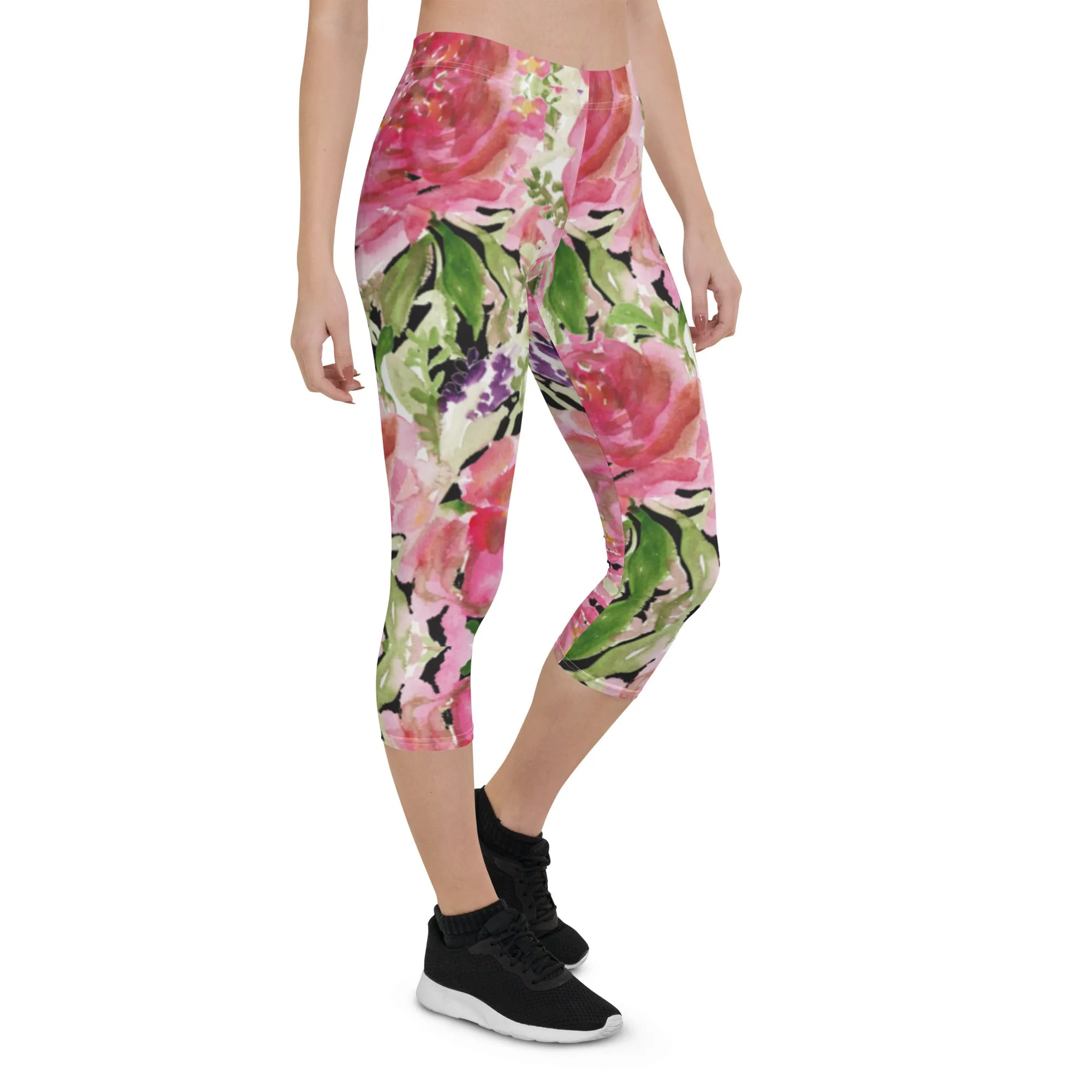 Flower Rose Casual Capri Leggings, Pink Floral Casual Tights Floral Designer Casual 38–40 UPF Capri Leggings Activewear Outfit - Made in USA/EU/MX (US Size: XS-XL)