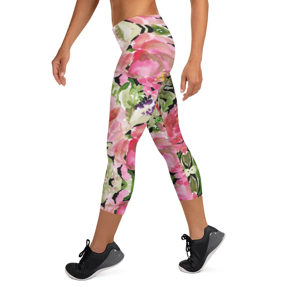 Flower Rose Casual Capri Leggings, Pink Floral Casual Tights Floral Designer Casual 38–40 UPF Capri Leggings Activewear Outfit - Made in USA/EU/MX (US Size: XS-XL)