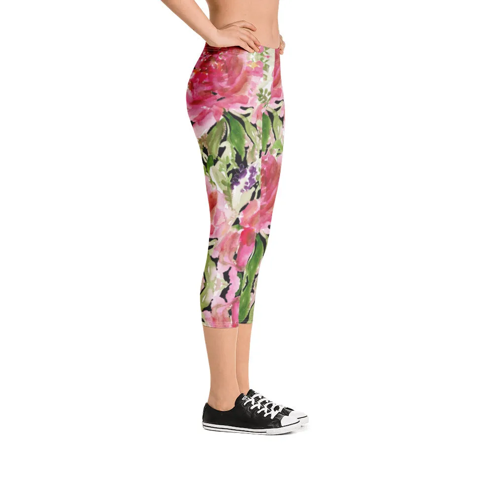 Flower Rose Casual Capri Leggings, Pink Floral Casual Tights Floral Designer Casual 38–40 UPF Capri Leggings Activewear Outfit - Made in USA/EU/MX (US Size: XS-XL)