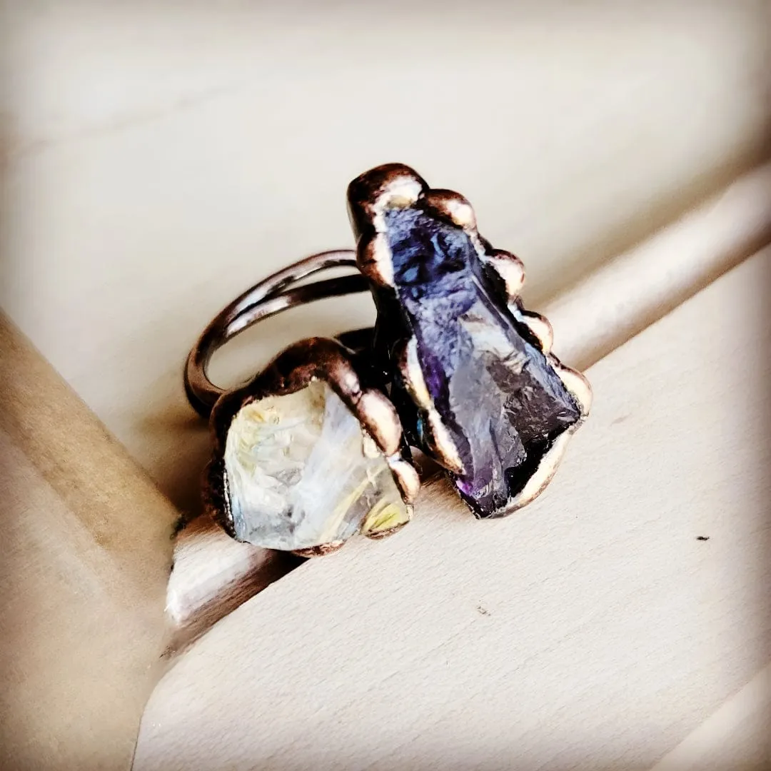 Genuine Amethyst and Quartz Ring in a Copper Setting