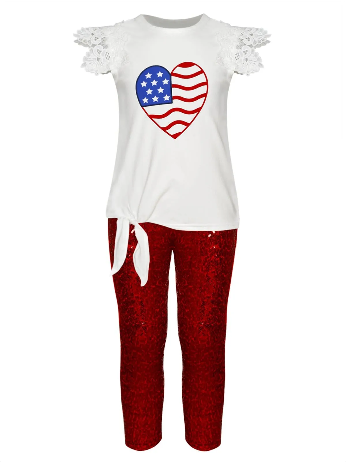 Girls 4th of July Themed American Flag Heart Top And Sequin Legging Set