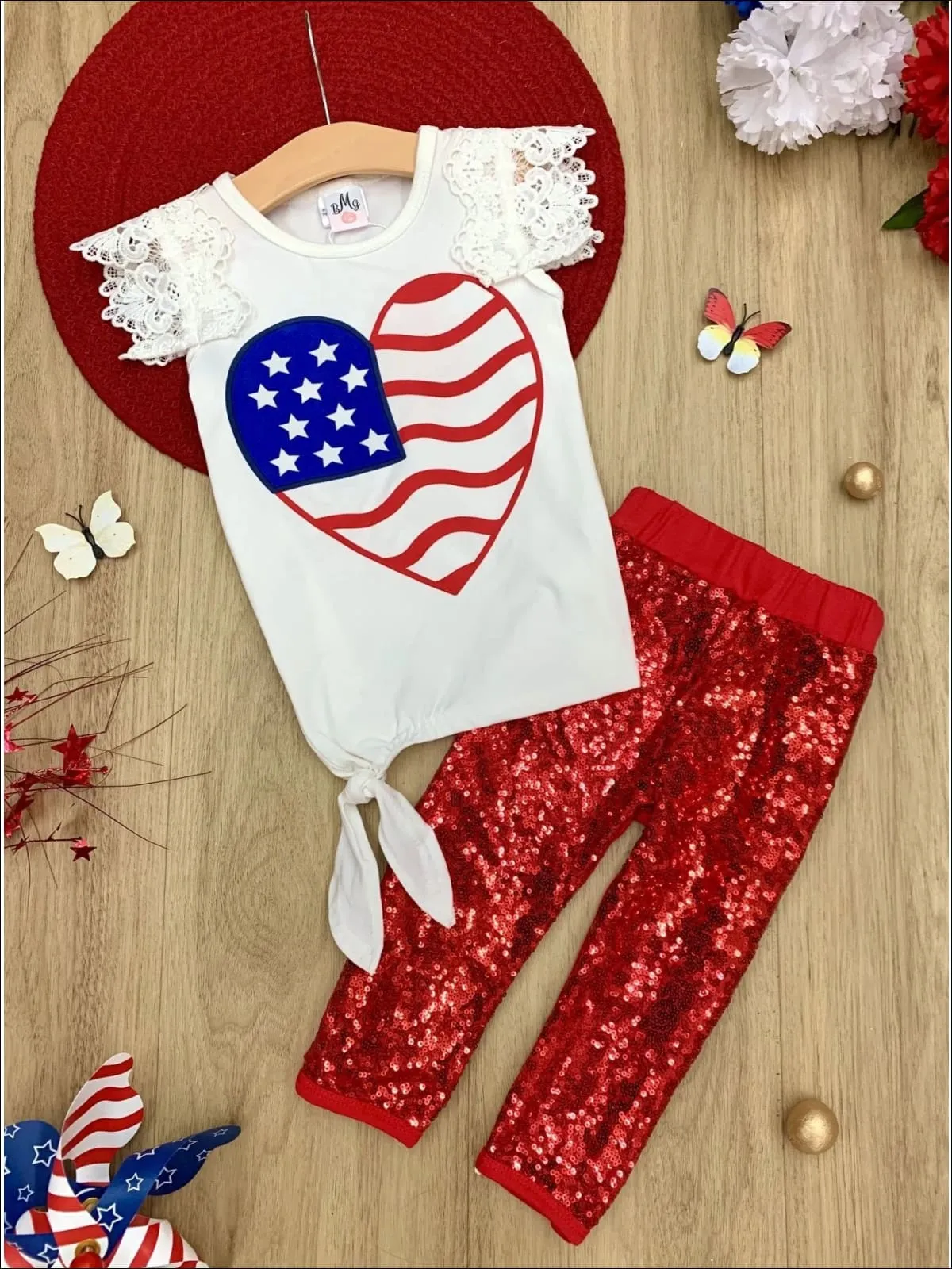 Girls 4th of July Themed American Flag Heart Top And Sequin Legging Set