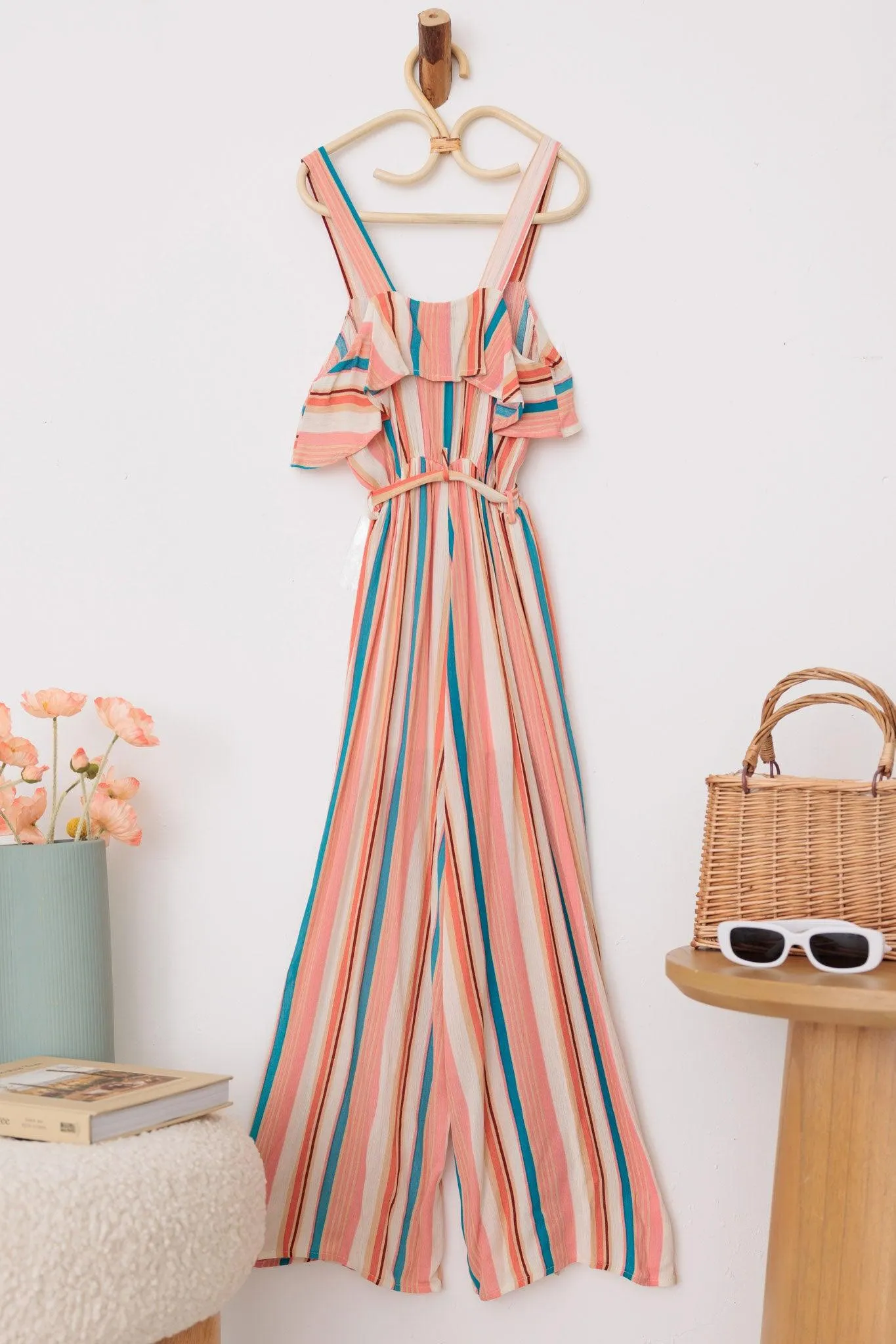 Girls Boho Striped Sleeveless Belted Ruffle Jumpsuit