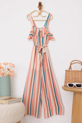 Girls Boho Striped Sleeveless Belted Ruffle Jumpsuit