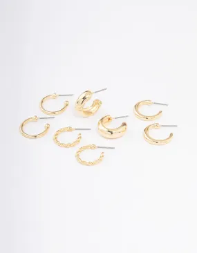 Gold Plated Smooth Chunky Hoop Earrings 4-Pack