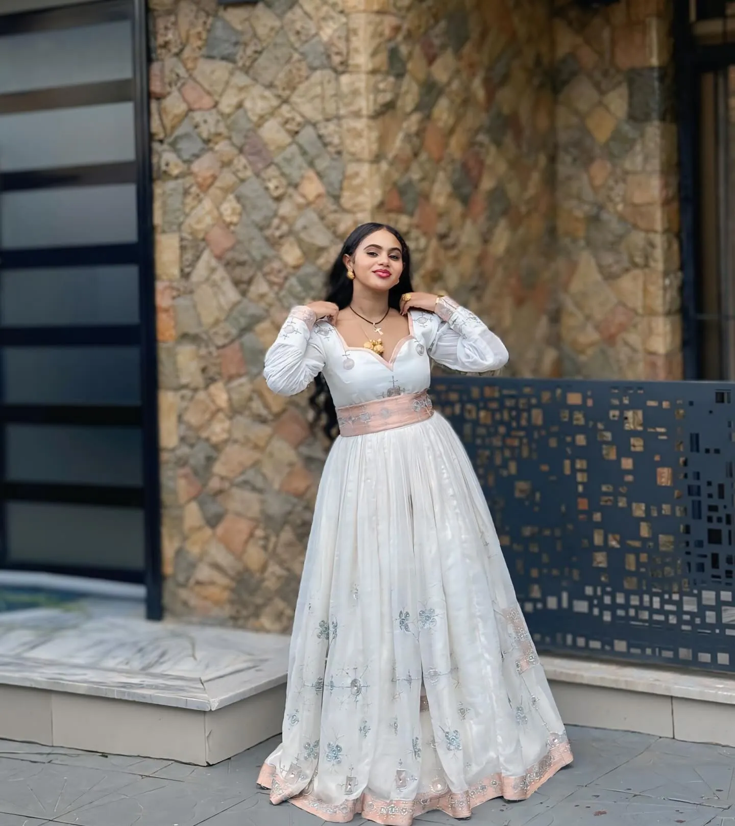 Gorgeous Silver with Pink Embroidery Habesha Dress: Beautiful Look for Any Grand Events Traditional Ethiopian Dress